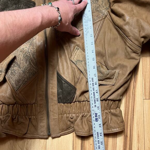 VINTAGE 80s Winlit Patchwork Leather Jacket Size M Western Bomber Jacket Printed - Picture 5 of 8